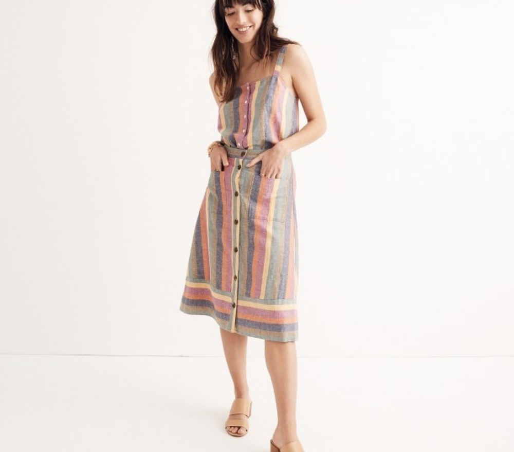 Rainbow Striped Linen Midi Skirt